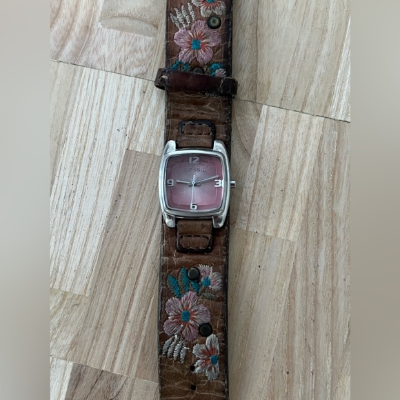 Fossil Ladies Watch Brown Embroidered Leather Strap Rectangular Pink Dial - Picture 6 of 12